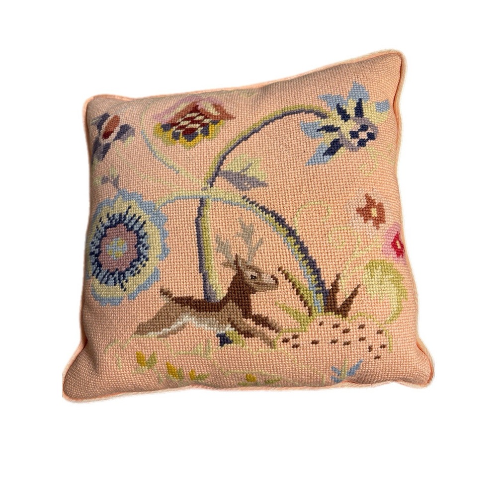 Vintage Floral Stag Peach Pillow Cross-stitch Cottagecore Heritage Decor Style - Picture 6 of 8